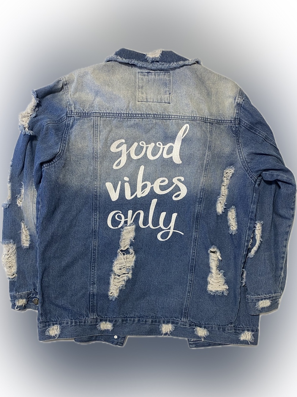 Between Us Good Vibes Only Distressed Denim Jean Jacket - Blue